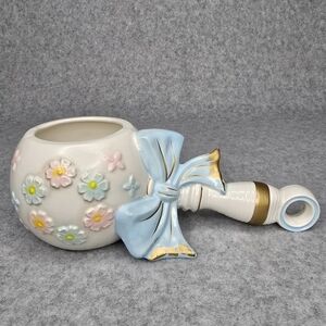 1970s Giftwares Co. Nancy Pew Ceramic Baby Rattle‎ Floral Pink Blue Bow Planter